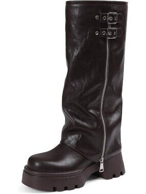 Women's Brown Faux Leather Chunky Heel Side Zipper, Metal Buckles Knee High Boot